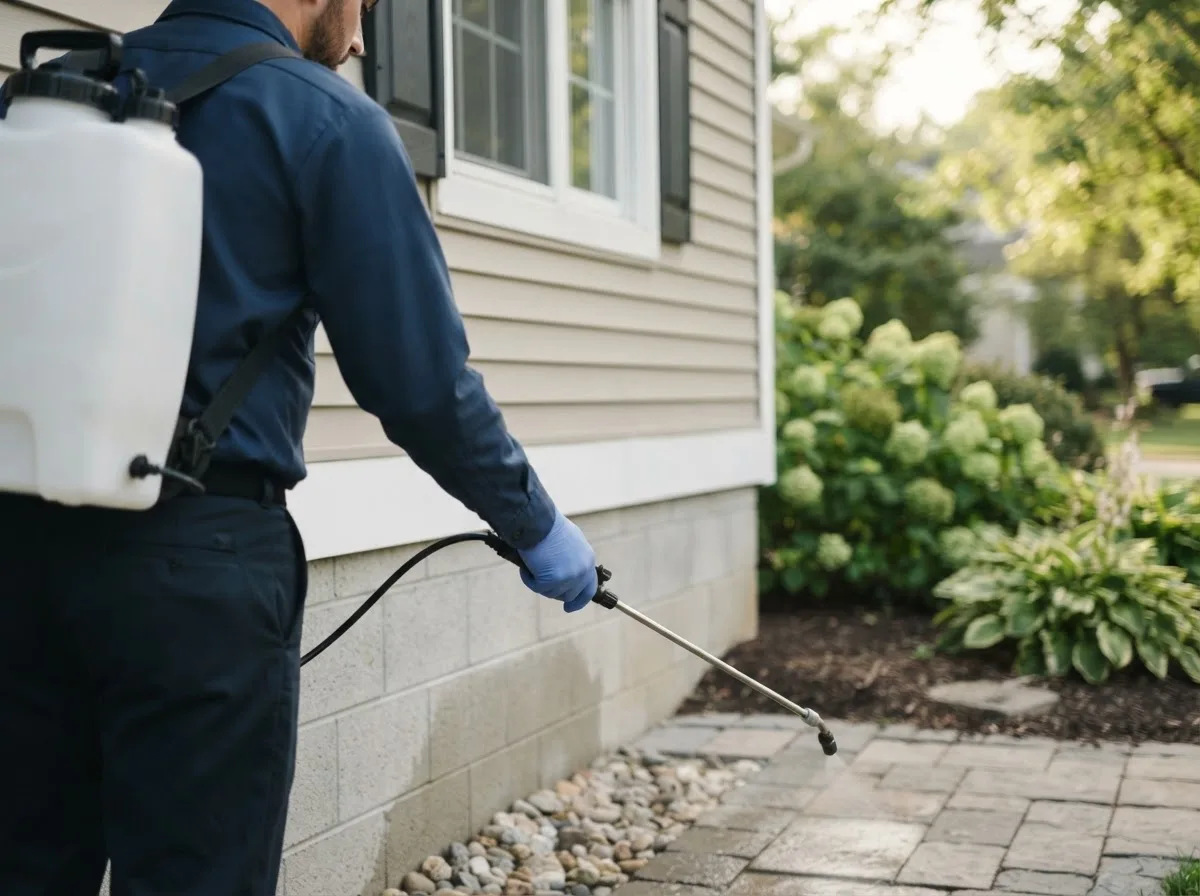 Pest control technician inspecting a home in Little Meadows, PA